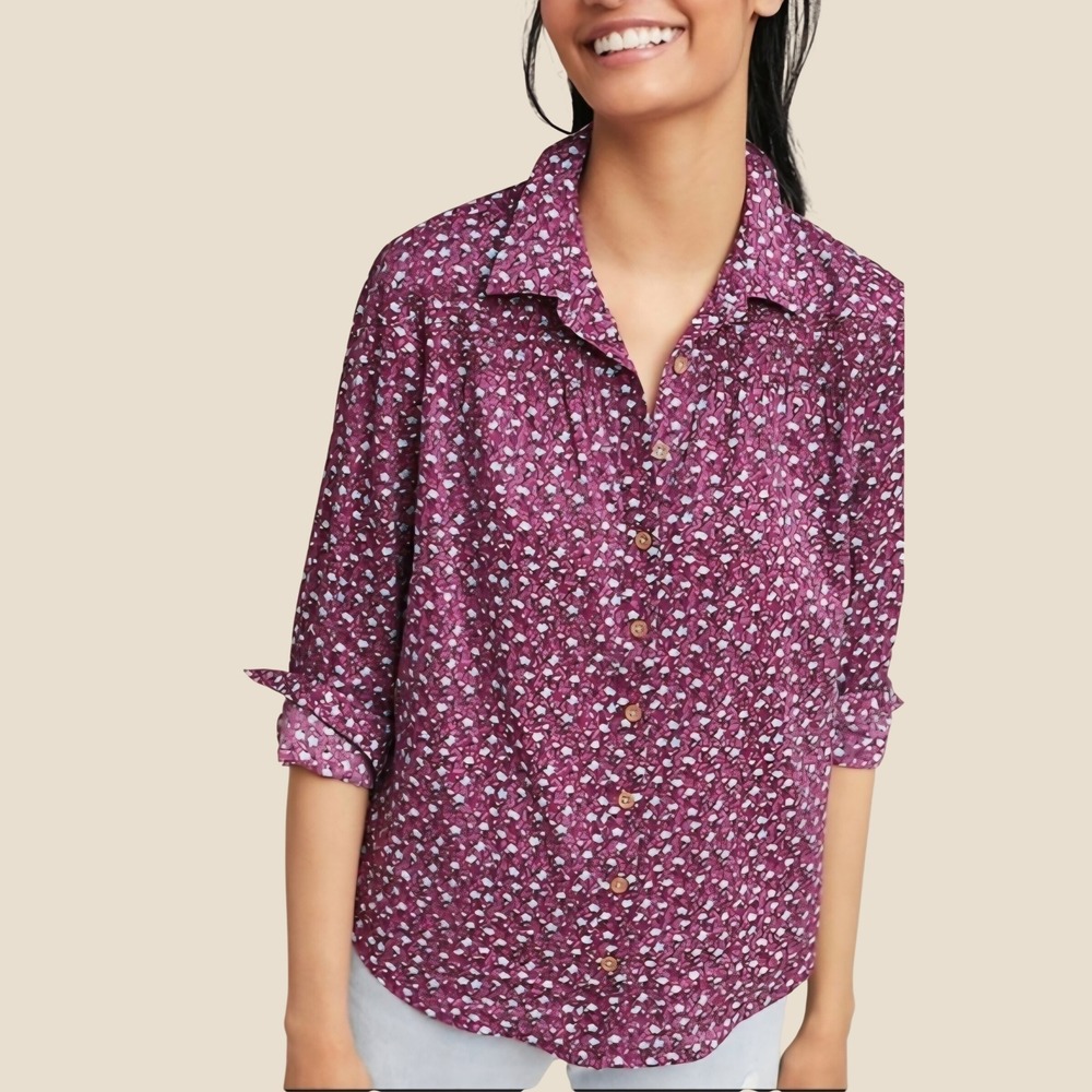 Maeve Anthropologie Purple Floral Pintuck Button Down Blouse Size 2